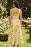 Yellow Square Neck A Line Midi Floral Dress