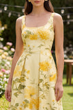 Yellow Square Neck A Line Midi Floral Dress