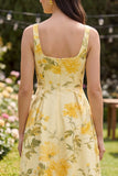 Yellow Square Neck A Line Midi Floral Dress