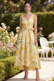 Butter Yellow A Line V-Neck Ruched Midi Floral Dress with Bow