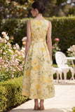Butter Yellow A Line V-Neck Ruched Midi Floral Dress with Bow