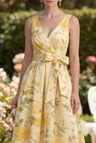 Butter Yellow A Line V-Neck Ruched Midi Floral Dress with Bow