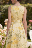 Butter Yellow A Line V-Neck Ruched Midi Floral Dress with Bow