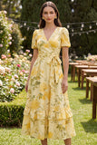 Yellow Ruffled A Line Butter Puff Sleeves Midi Floral Dress with Bow