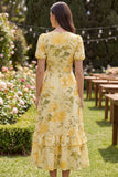 Yellow Ruffled A Line Butter Puff Sleeves Midi Floral Dress with Bow