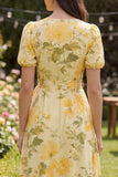 Yellow Ruffled A Line Butter Puff Sleeves Midi Floral Dress with Bow