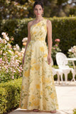 Butter Yellow One Shoulder Ruched A Line Maxi Floral Dress