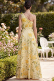 Butter Yellow One Shoulder Ruched A Line Maxi Floral Dress