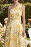 Butter Yellow One Shoulder Ruched A Line Maxi Floral Dress