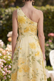 Butter Yellow One Shoulder Ruched A Line Maxi Floral Dress