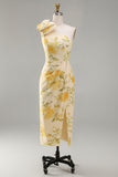 Butter Yellow Ruched Floral One Shoulder Midi Dress with Slit