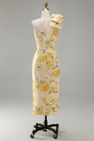 Butter Yellow Ruched Floral One Shoulder Midi Dress with Slit