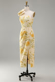 Butter Yellow Ruched Floral One Shoulder Midi Dress with Slit