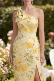 Butter Yellow Ruched Floral One Shoulder Midi Dress with Slit