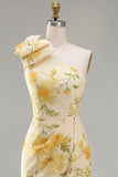 Butter Yellow Ruched Floral One Shoulder Midi Dress with Slit
