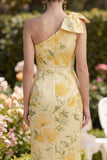 Butter Yellow Ruched Floral One Shoulder Midi Dress with Slit