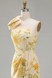 Butter Yellow Ruched Floral One Shoulder Midi Dress with Slit