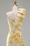 Butter Yellow Ruched Floral One Shoulder Midi Dress with Slit