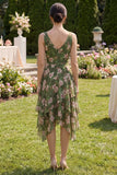 Dark Green Floral V-Neck Ruched A Line Asymmetrical Midi Dress with Ruffles