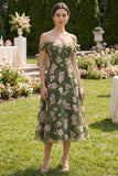 Dark Green A Line Off the Shoulder Midi Floral Dress