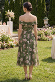 Dark Green A Line Off the Shoulder Midi Floral Dress