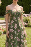 Dark Green A Line Off the Shoulder Midi Floral Dress