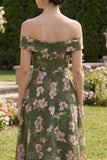 Dark Green A Line Off the Shoulder Midi Floral Dress