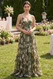 Dark Green A Line Spaghetti Straps Printed Floral Dress with Ruffles