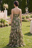 Dark Green A Line Spaghetti Straps Printed Floral Dress with Ruffles