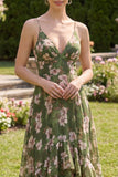 Dark Green A Line Spaghetti Straps Printed Floral Dress with Ruffles