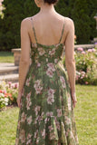 Dark Green A Line Spaghetti Straps Printed Floral Dress with Ruffles