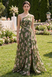 One Shoulder Dark Green Ruffled A Line Maxi Floral Dress with Slit
