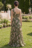 One Shoulder Dark Green Ruffled A Line Maxi Floral Dress with Slit