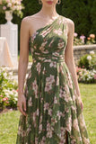 One Shoulder Dark Green Ruffled A Line Maxi Floral Dress with Slit