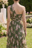 One Shoulder Dark Green Ruffled A Line Maxi Floral Dress with Slit