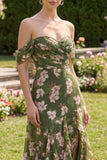 Dark Green Ruched A Line Maxi Floral Dress with Ruffles