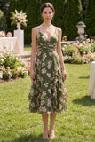Dark Green V-Neck A Line Ruched Midi Floral Dress with Ruffles