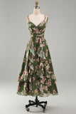 Dark Green V-Neck A Line Ruched Midi Floral Dress with Ruffles