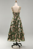 Dark Green V-Neck A Line Ruched Midi Floral Dress with Ruffles