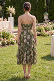Dark Green V-Neck A Line Ruched Midi Floral Dress with Ruffles