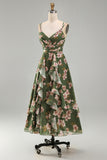 Dark Green V-Neck A Line Ruched Midi Floral Dress with Ruffles