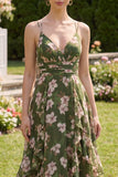 Dark Green V-Neck A Line Ruched Midi Floral Dress with Ruffles