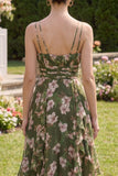 Dark Green V-Neck A Line Ruched Midi Floral Dress with Ruffles