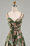 Dark Green V-Neck A Line Ruched Midi Floral Dress with Ruffles