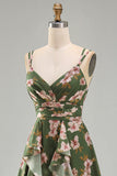 Dark Green V-Neck A Line Ruched Midi Floral Dress with Ruffles
