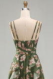 Dark Green V-Neck A Line Ruched Midi Floral Dress with Ruffles