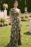 Dark Green A Line One Shoulder Maxi Floral Dress with Ruffles