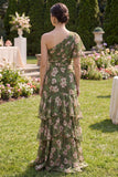 Dark Green A Line One Shoulder Maxi Floral Dress with Ruffles