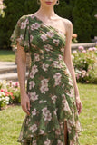 Dark Green A Line One Shoulder Maxi Floral Dress with Ruffles
