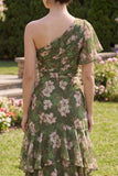 Dark Green A Line One Shoulder Maxi Floral Dress with Ruffles